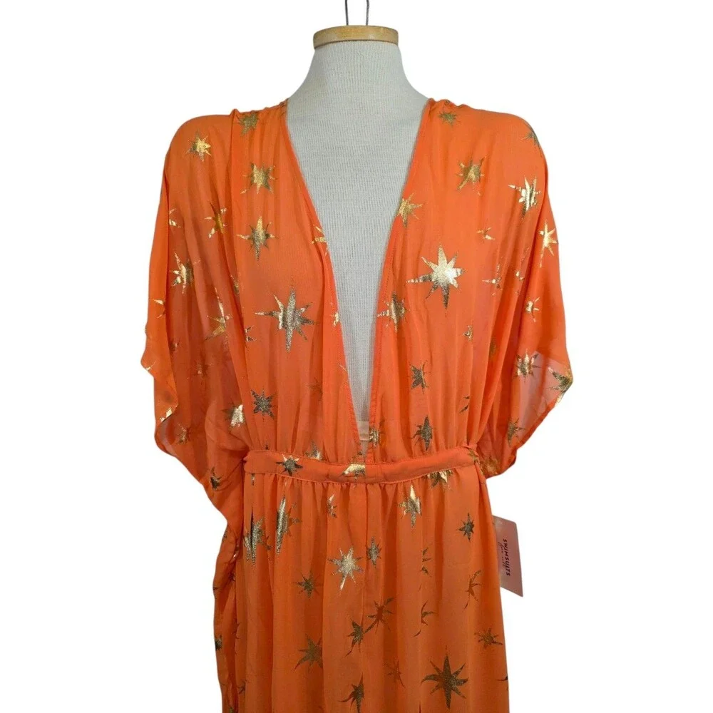 Swimsuits For All Womens 22/24  Orange Gold Foil Chiffon Maxi Cover Up Dress NWT
